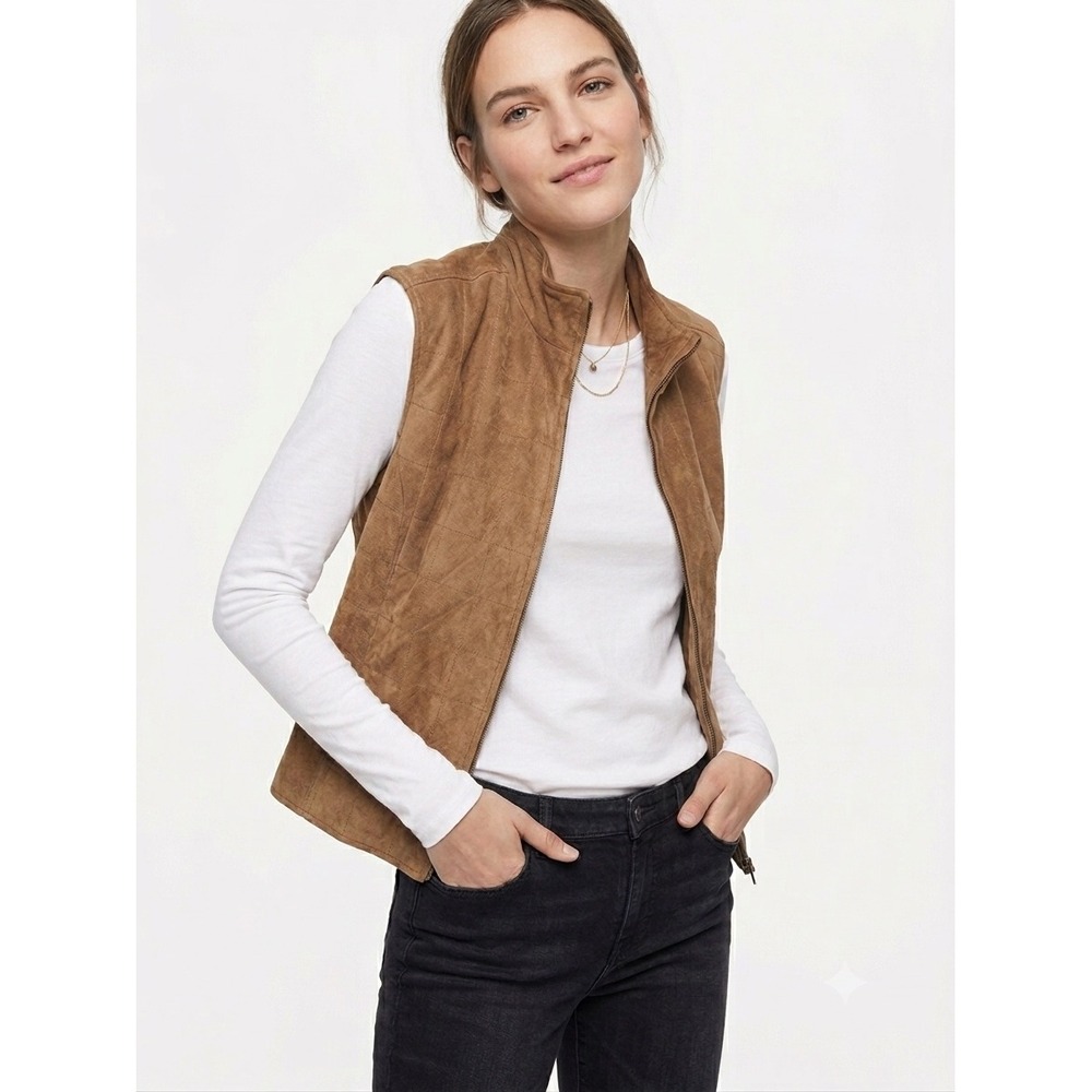 Façonnable Quilted Suede Goatskin Leather Vest Brown Full Zip Waist Cinch Large